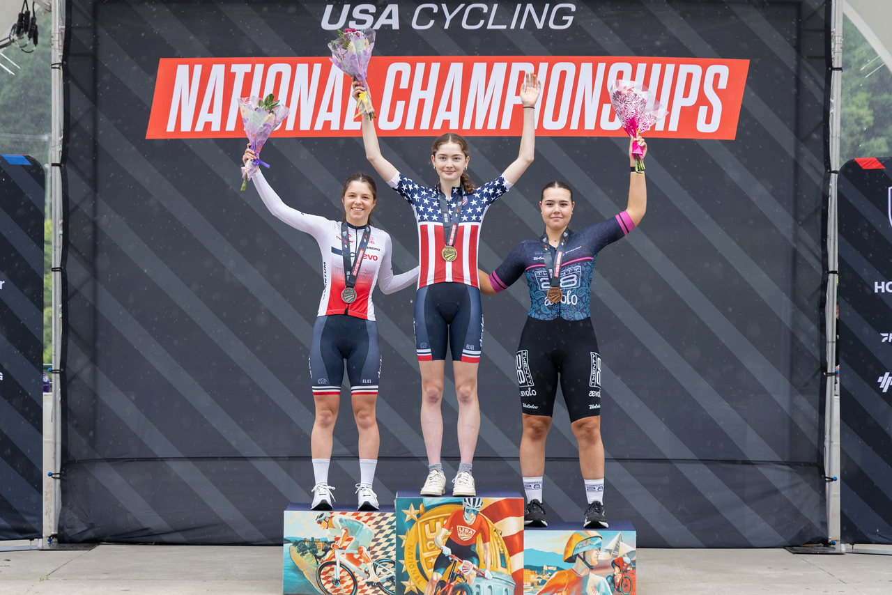 Women's 17-18 junior time trial podium, with Liliana Edwards earning the stars-and-stripes jersey