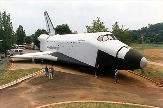 The mock space shuttle orbiter Pathfinder as it looked when it arrived for display at the U.S. Space & Rocket Center in Huntsville, Alabama.