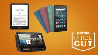 Kindle Paperwhite, Fire Tablet 7 and Echo Show 8 on an orange background with TechRadar price cut badge