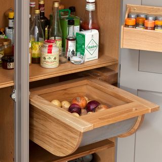 kitchen pantry with cupboard and vegetables with bottles
