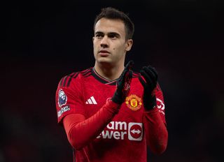 Sergio Reguilon of Manchester United applauds the fans after the Premier League match between Manchester United and Luton Town at Old Trafford on November 11, 2023 in Manchester, England. (Photo by Visionhaus/Getty Images)