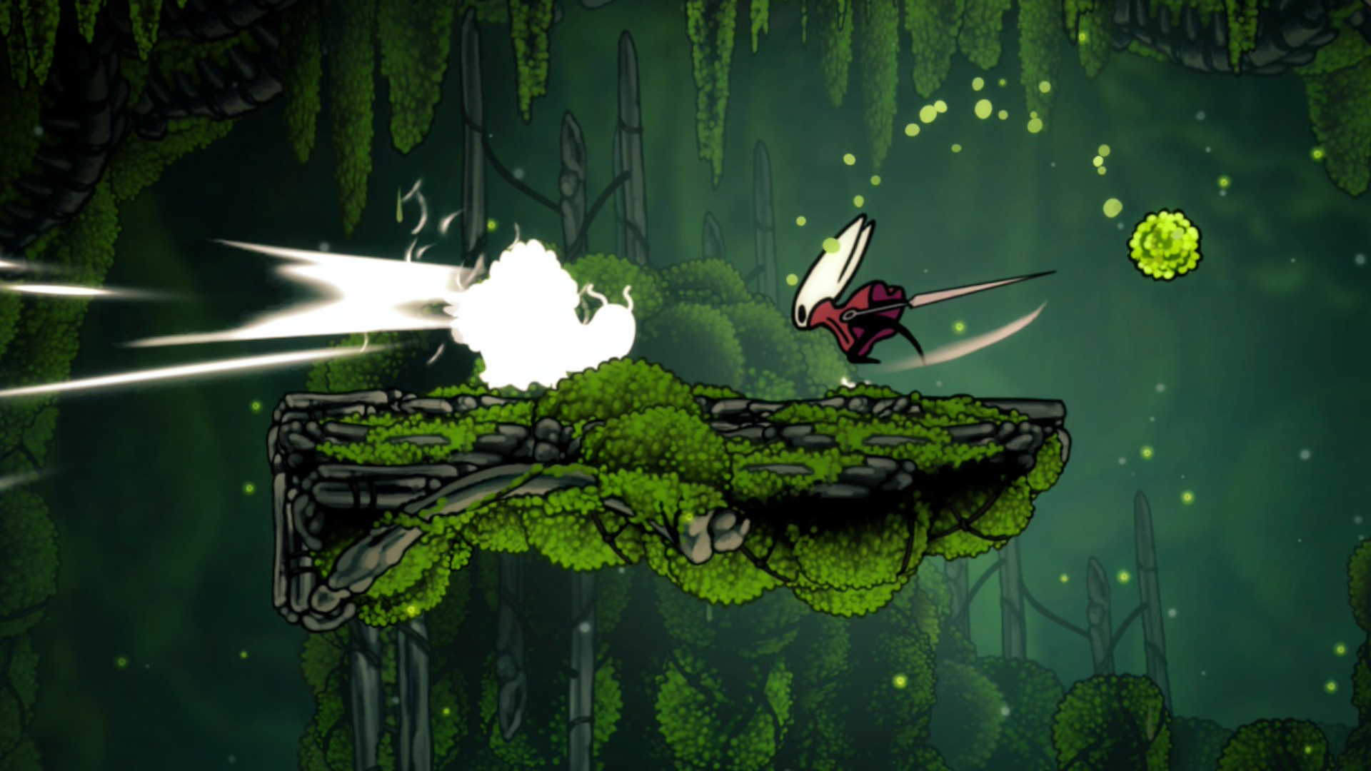 A pilgrim spews a green glob at Hornet in Hollow Knight: Silksong, but not before Hornet can slash it to pieces in Hollow Knight: Silksong - a crop of the image to emphasise the action
