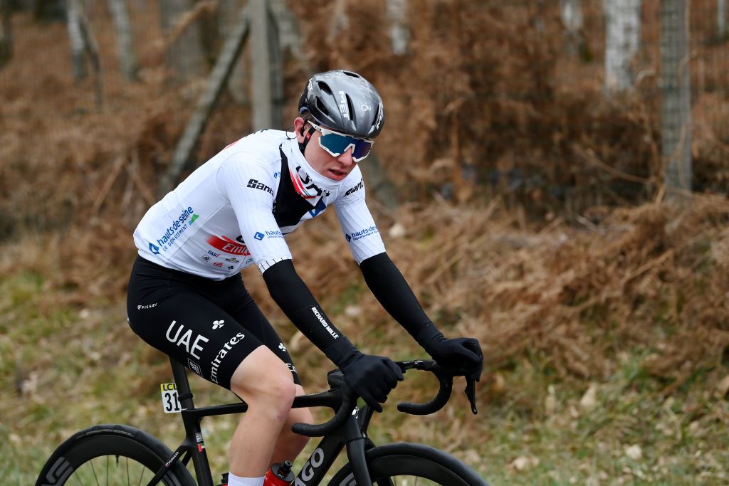 Tadej Pogacar in the white jersey on stage 2 of Paris-Nice