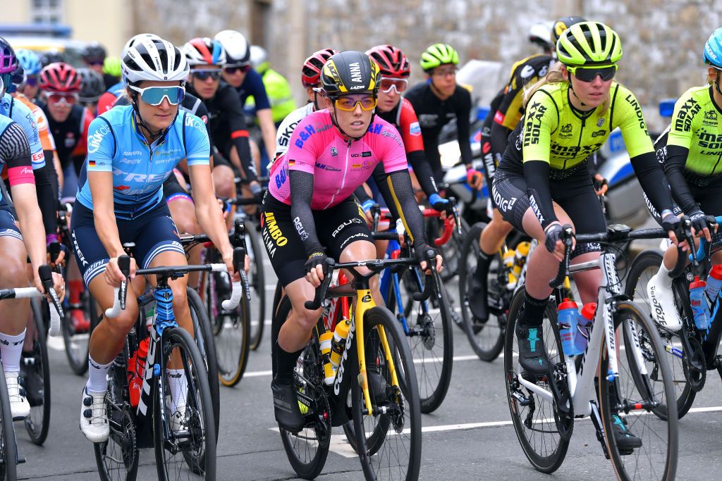 GERA GERMANY MAY 26 Elisabeth DeignanArmitstead of United Kingdom and Trek Segafredo blue most active rider jersey Anna Henderson of United Kingdom and Jumbo Visma Team Purple sprint jersey during the 34th Internationale LOTTO Thringen Ladies Tour 2021 Stage 2 a 1251km stage from Gera to Gera ltlt2021 lottothueringenladiestour womencycling on May 26 2021 in Gera Germany Photo by Luc ClaessenGetty Images