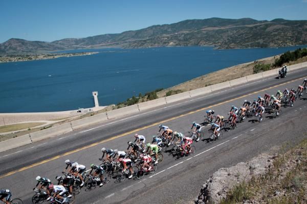 Riders pass by the Jordanelle Dam.