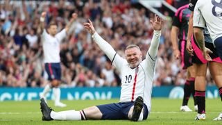 Wayne Rooney celebrates scoring during Soccer Aid in 2025
