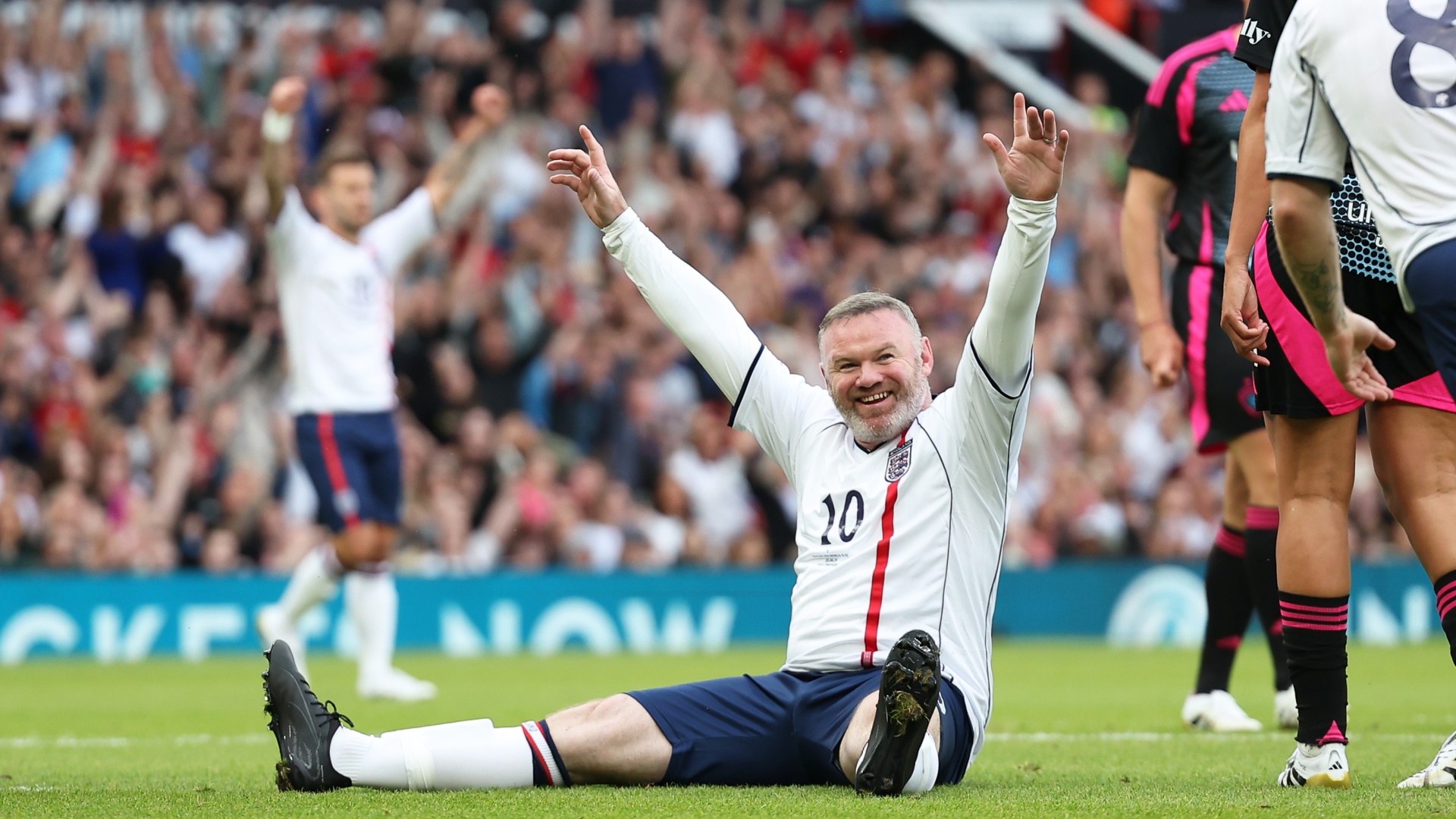 Wayne Rooney celebrates scoring during Soccer Aid in 2025