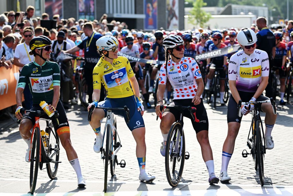 DORDRECHT NETHERLANDS AUGUST 13 EDITORS NOTE ALTERNATE CROP LR Marianne Vos of The Netherlands and Team Visma Lease a Bike Green points jersey Charlotte Kool of The Netherlands and Team dsmfirmenich PostNL Yellow leader jersey Cristina Tonetti of Italy and Team Laboral Kutxa Fundacion Euskadi Polka dot Mountain Jersey Anniina Ahtosalo of Filand and Team UnoX Mobility White best young jersey prior to the 3rd Tour de France Femmes 2024 Stage 2 a 679km stage from Dordrecht to Rotterdam UCIWWT on August 13 2024 in Dordrecht Netherlands Photo by Dario BelingheriGetty Images
