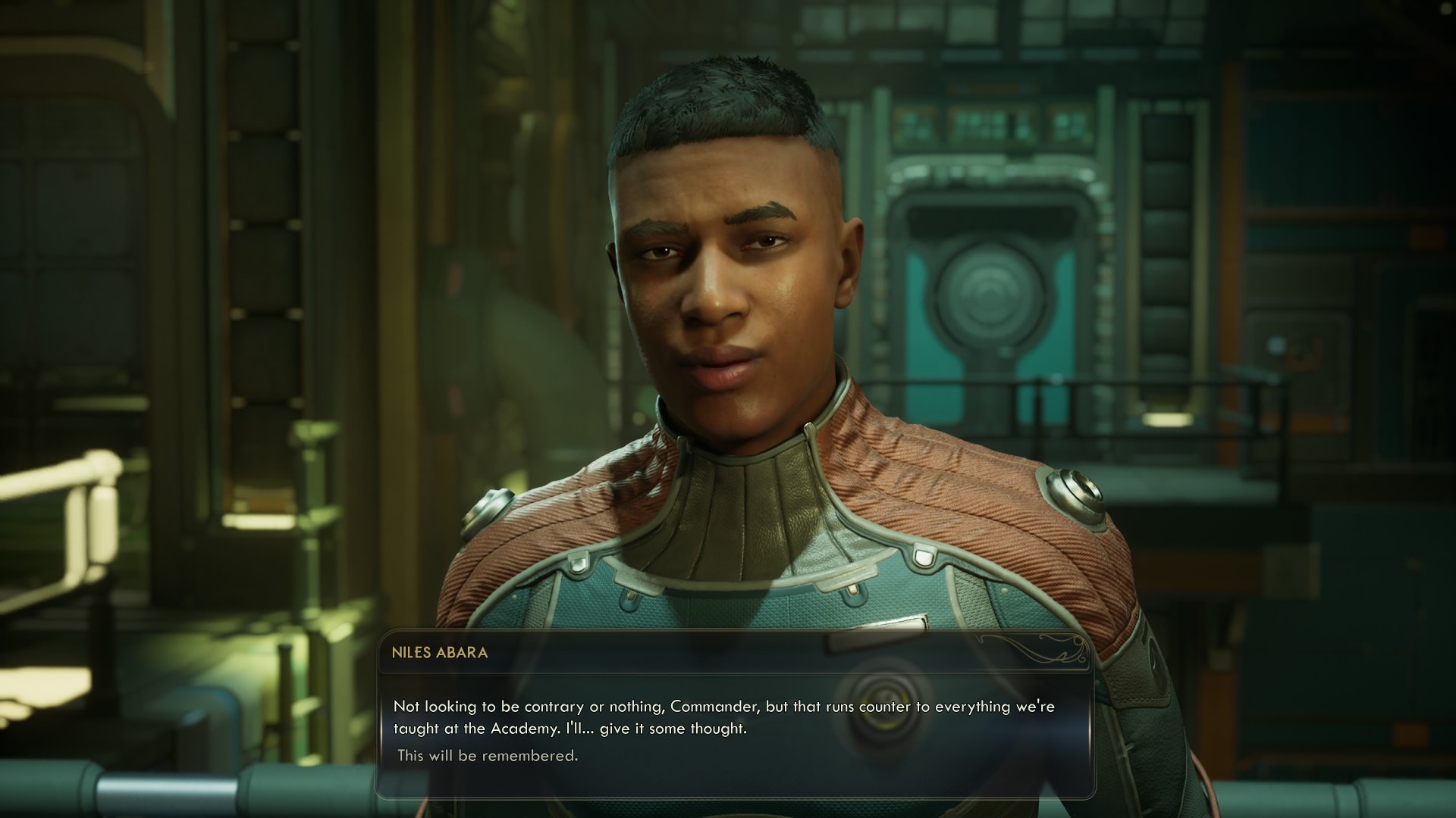 The Outer Worlds 2 screenshot showing companion Niles responding to advice from the player character, and &quot;this will be remembered&quot; shows below the dialogue box
