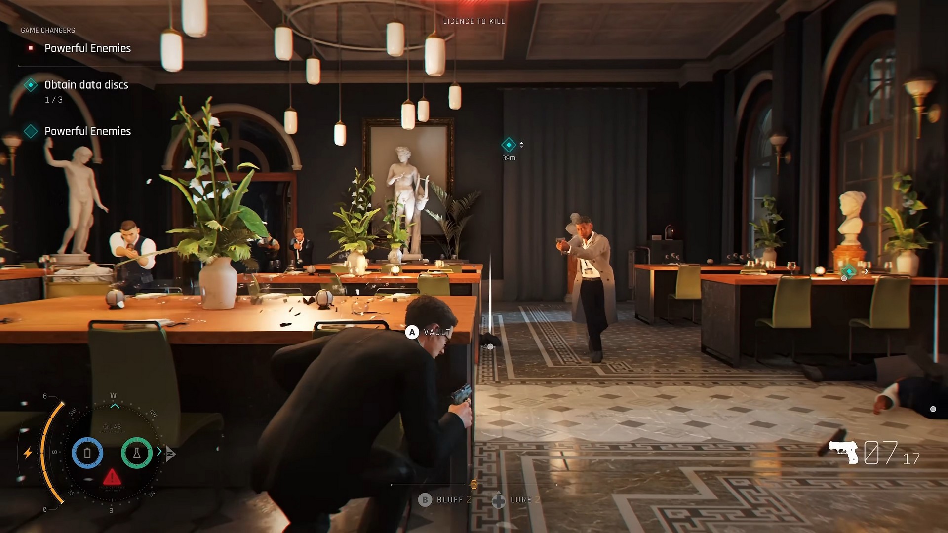 James Bond in 007 First Light hides behind a table as guards ready to shoot approach