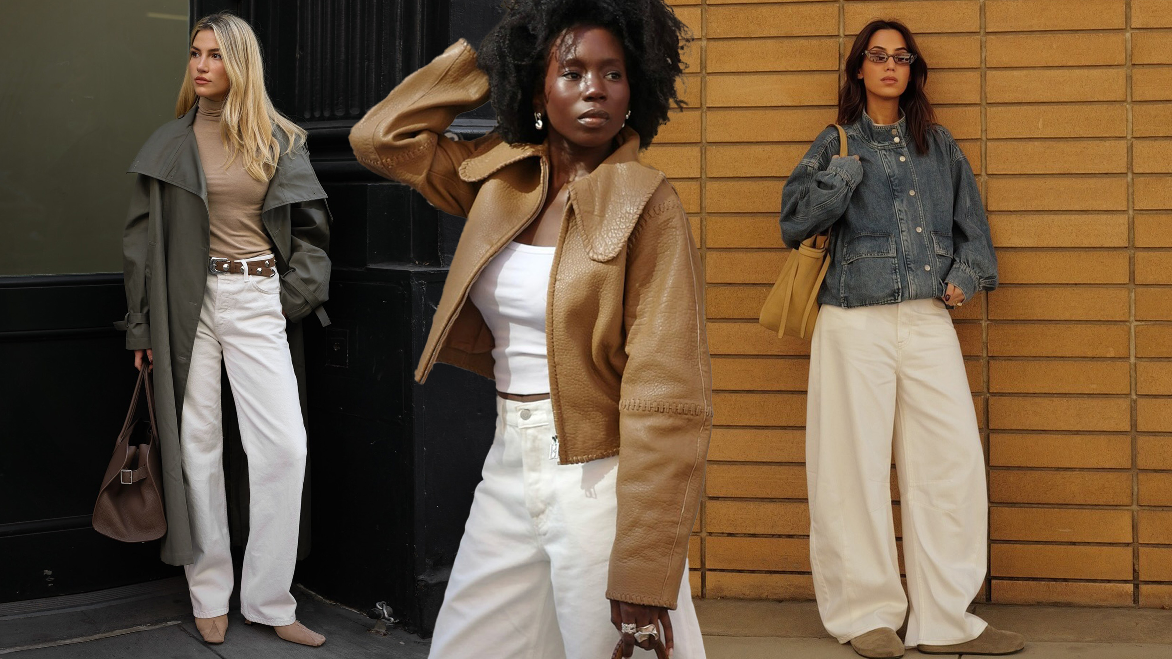 how to style white jeans for fall shown in a collage of women's white jean outfits, on the left a woman is wearing a green trench coat over a tan turtleneck with white wide leg jeans and tan pointed ankle boots, in the middle a woman wearing a tan leather jacket with a white tank and white denim shorts, on the right a woman is wearing a denim jacket with white baggy jeans and suede flats