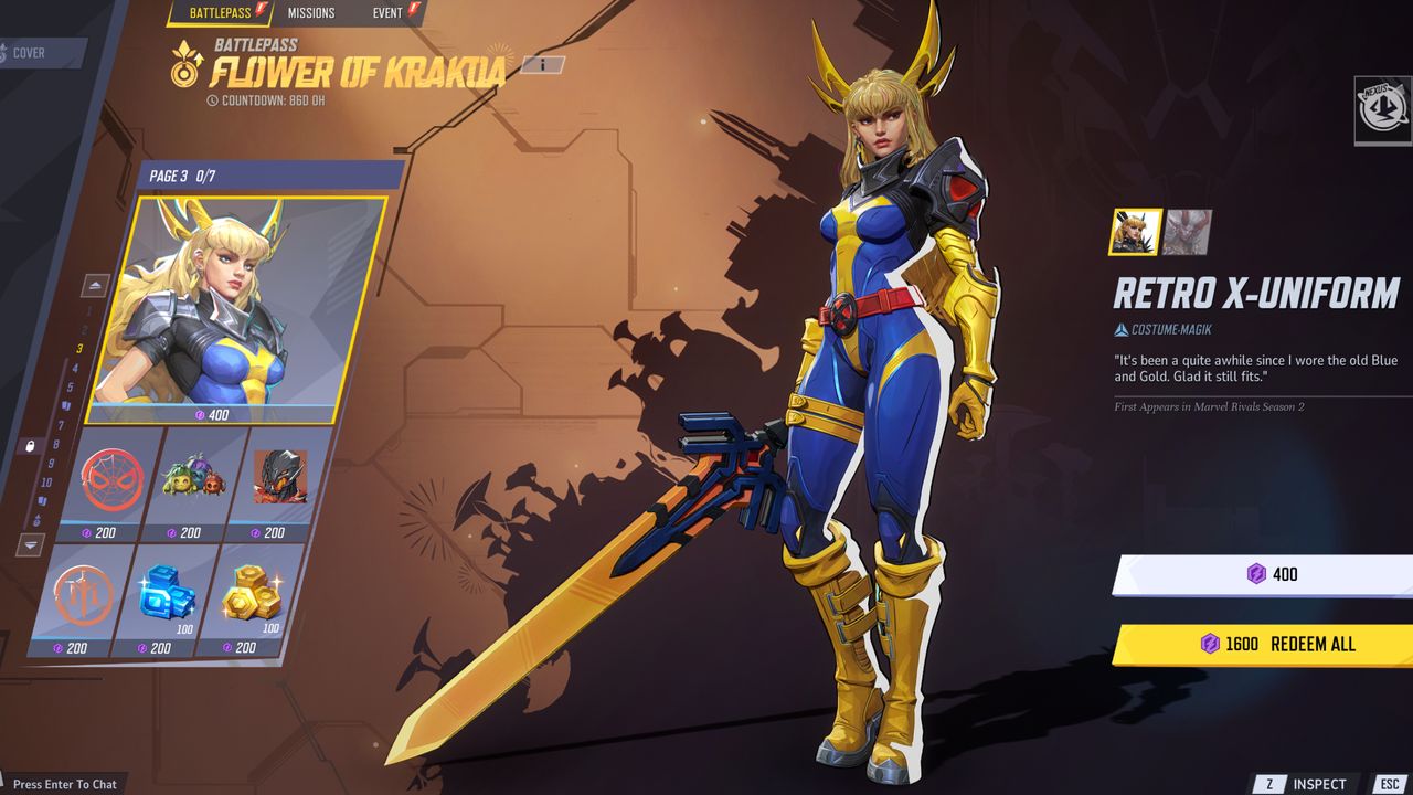 Marvel Rivals Season 2 skins - Magik's Retro X Uniform costume.