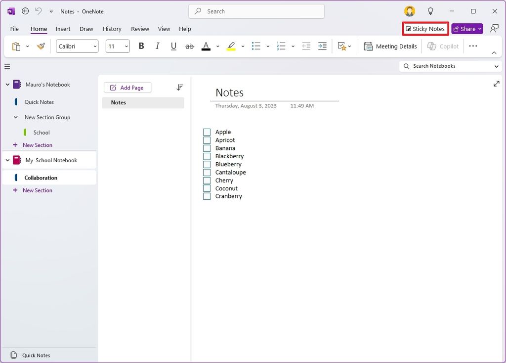 Sticky Notes in OneNote