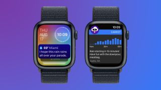 Screenshots of the CARROT Weather app on Apple Watch