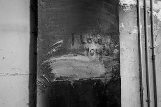 'I love you' scrawled on a black canvas in Christo's studio in New York
