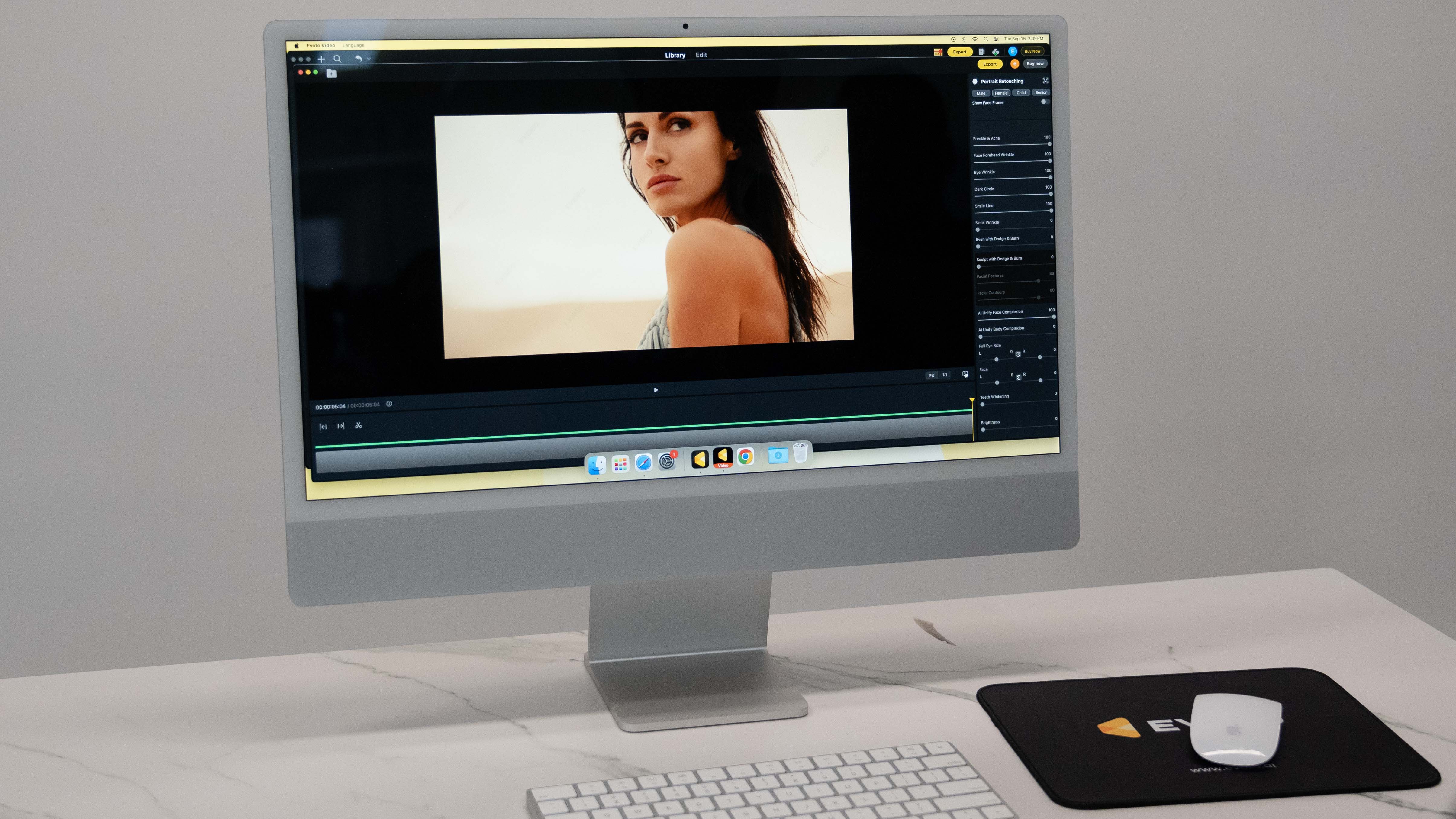 Evoto Video running on a Mac computer, with the screen showing a video frame of a woman staring off-camera