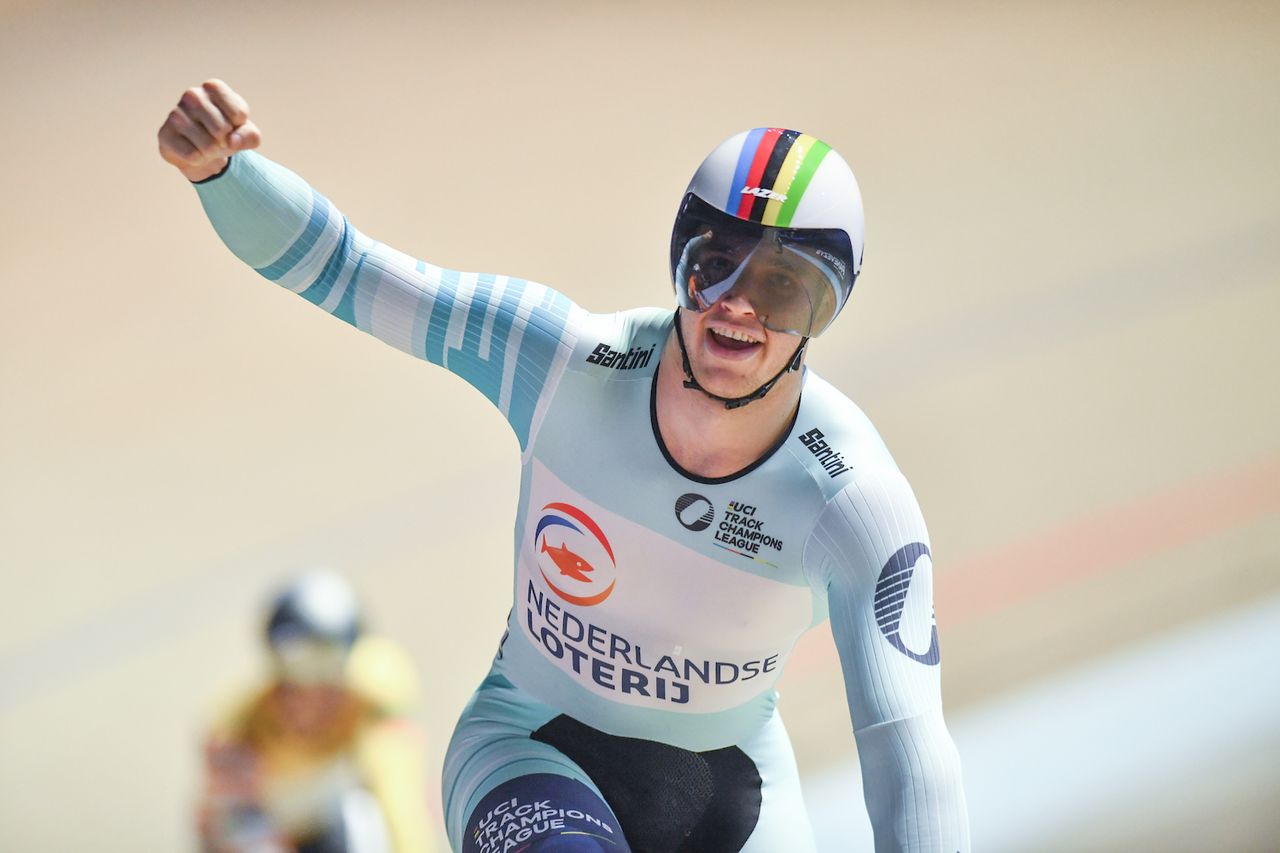 Picture by Will Palmer/SWpix.com - 27/11/2021 - Cycling - UCI Track Champions League Round 2 - Lithuania / Cido Arena, Panev&Auml;&Aring;&frac34;ys, Lithuania - The Netherland's Harrie Levreysen celebrates winning the men's Keirin final.