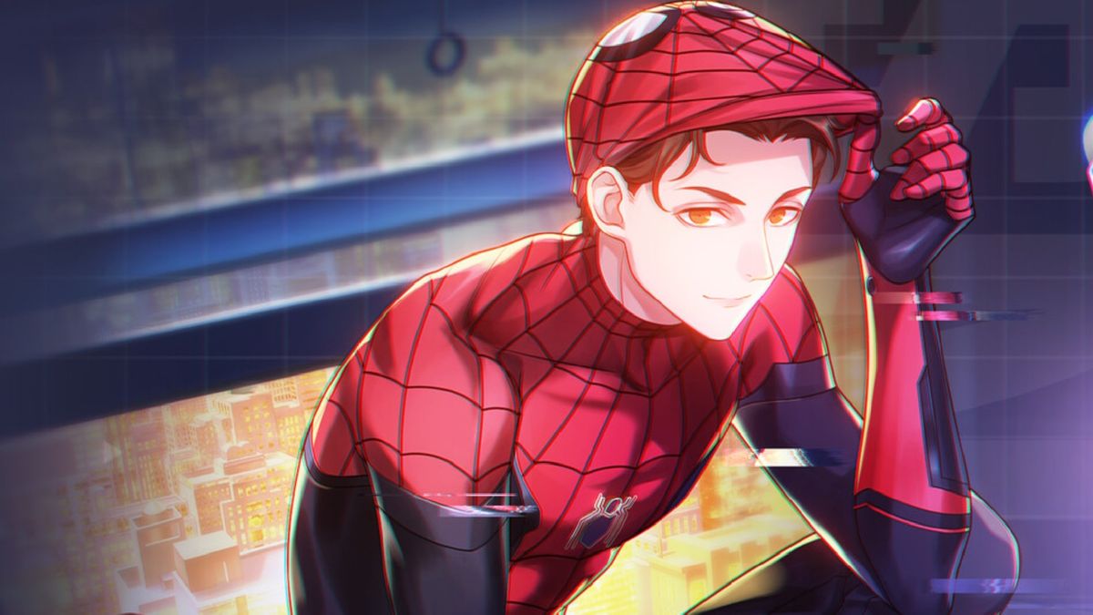 Anime-style Spider-Man lifting up his mask to reveal his face.