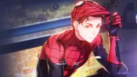 Anime-style spiderman lifting up his mask to reveal his face.