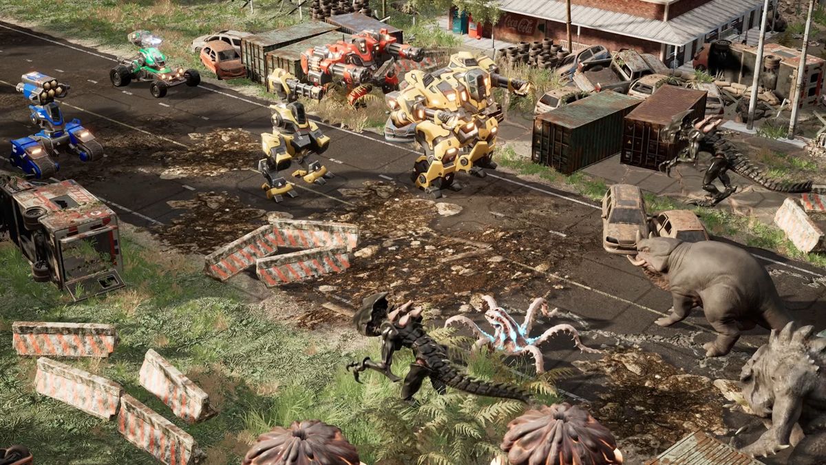 An image of mechs fighting giant monsters from game Mech Armada