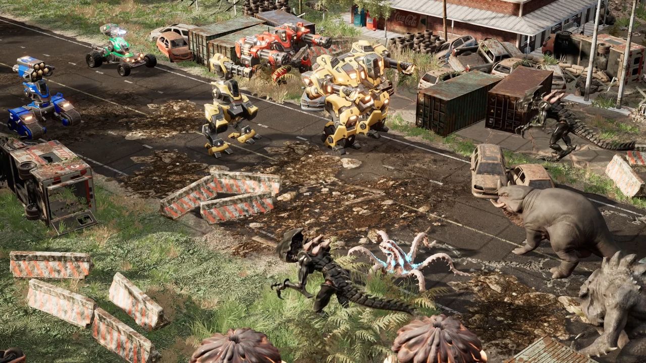 An image of mechs fighting giant monsters from game Mech Armada