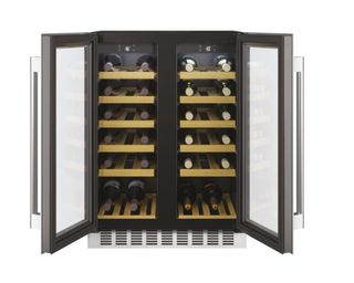 Image of Hoover HWCB60DDUKSSM/N Wine Cooler with open doors and wine bottles inside