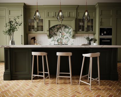 A kitchen with a botanical patterned backsplash