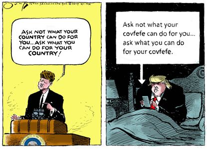 Political cartoon U.S. Trump JFK covfefe