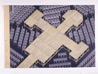 A tempera on paper work by Enzo Mari featuring a cross-shaped stage, titled ‘I luoghi Deputati’, from 1953