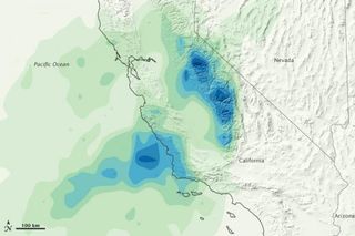 Rainfall amounts over California from December 18 to 20, 2010. The heaviest rains are dark blue.