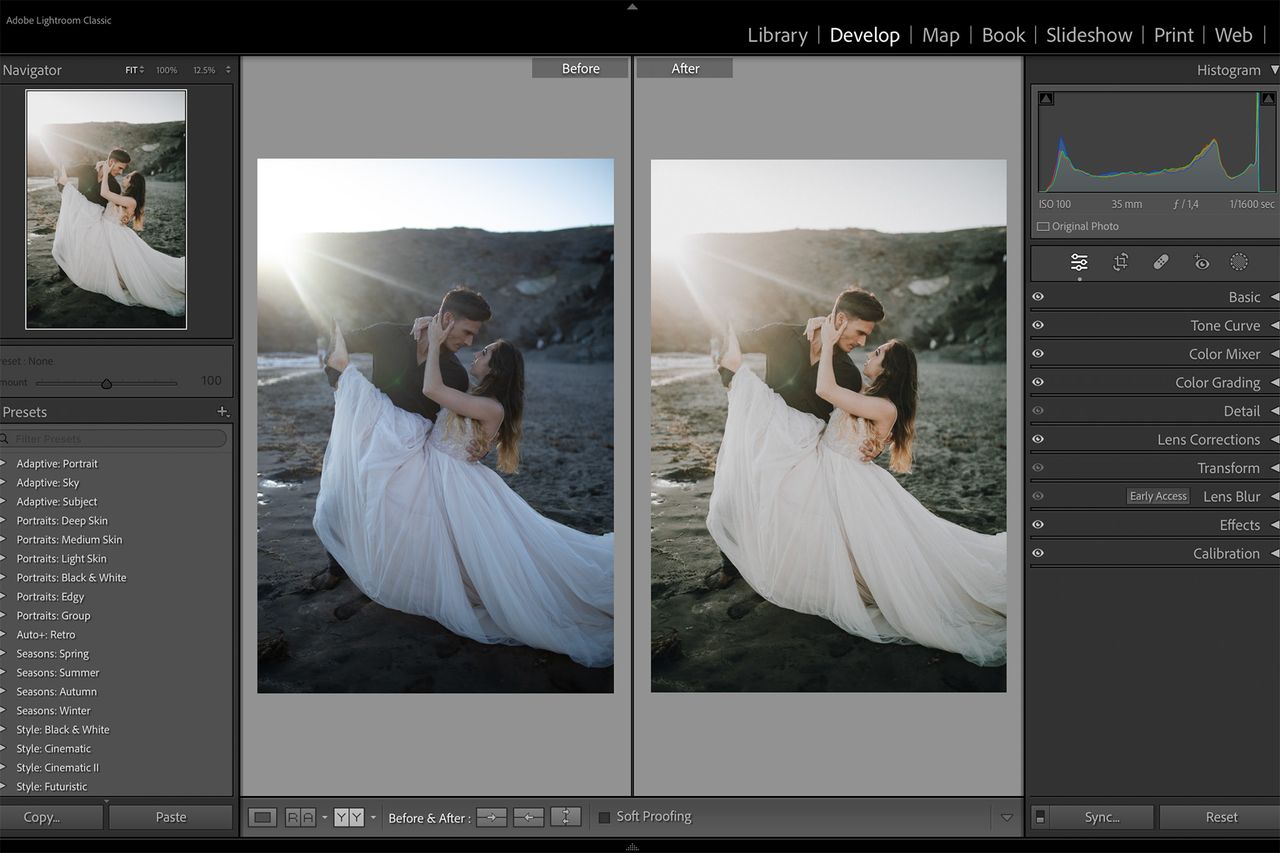Lightroom screenshot showing Neurapix before and after of embracing couple