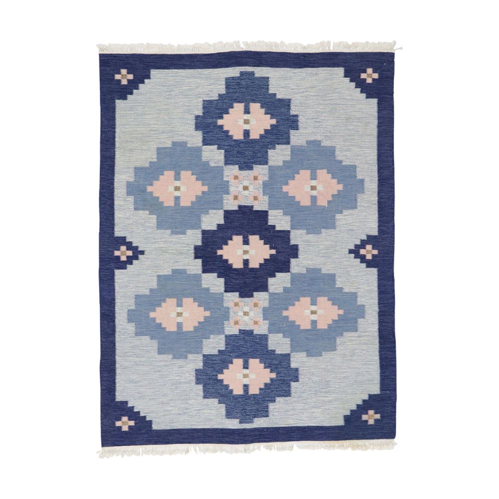 Blue Flatweave Scandinavian Swedish Kilim Rug