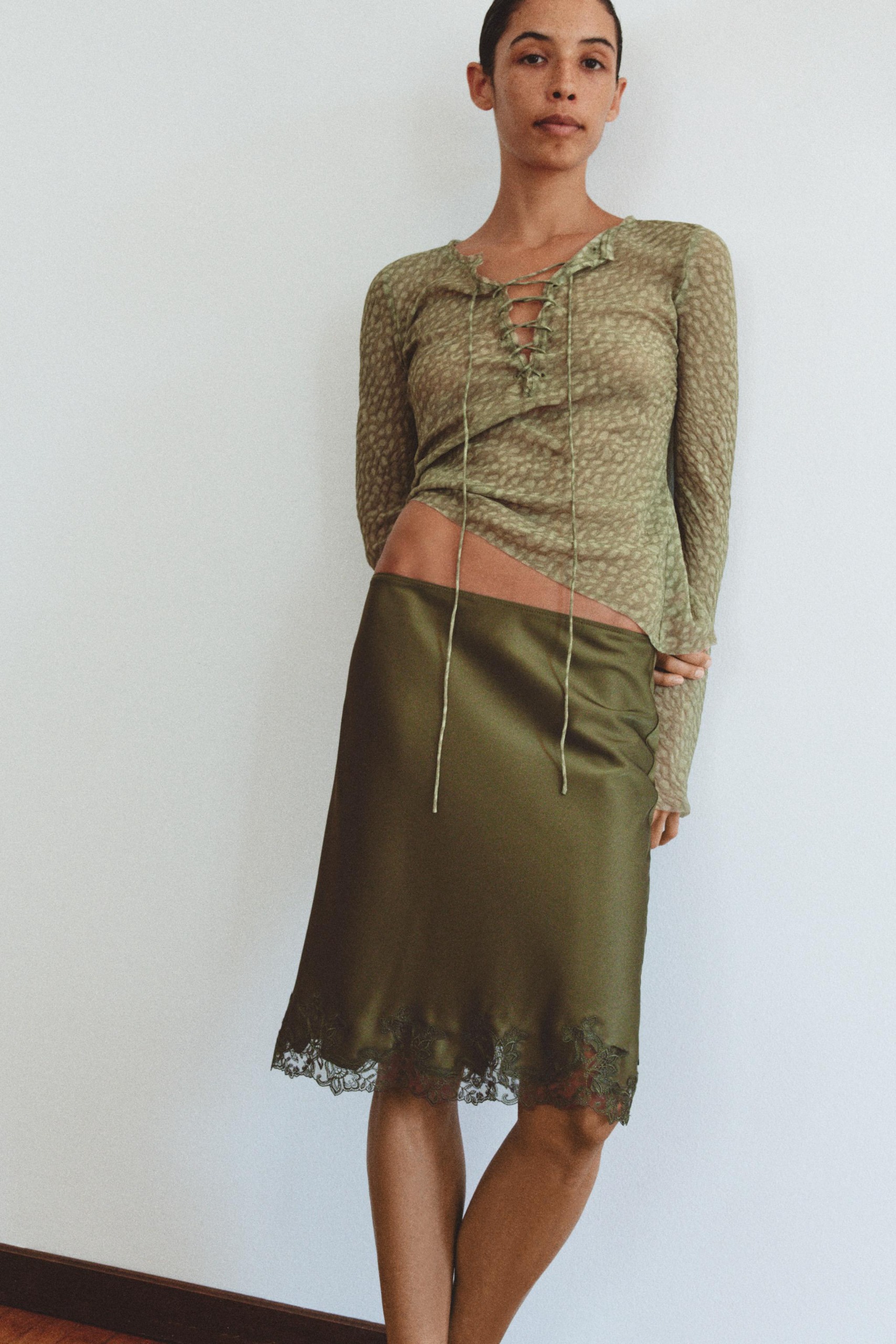 Satin Lace Midi Skirt - Green - Xs