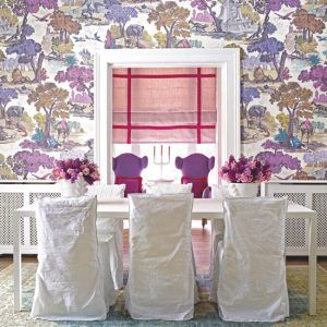 dining room with floral wallpaper white dining table and chair