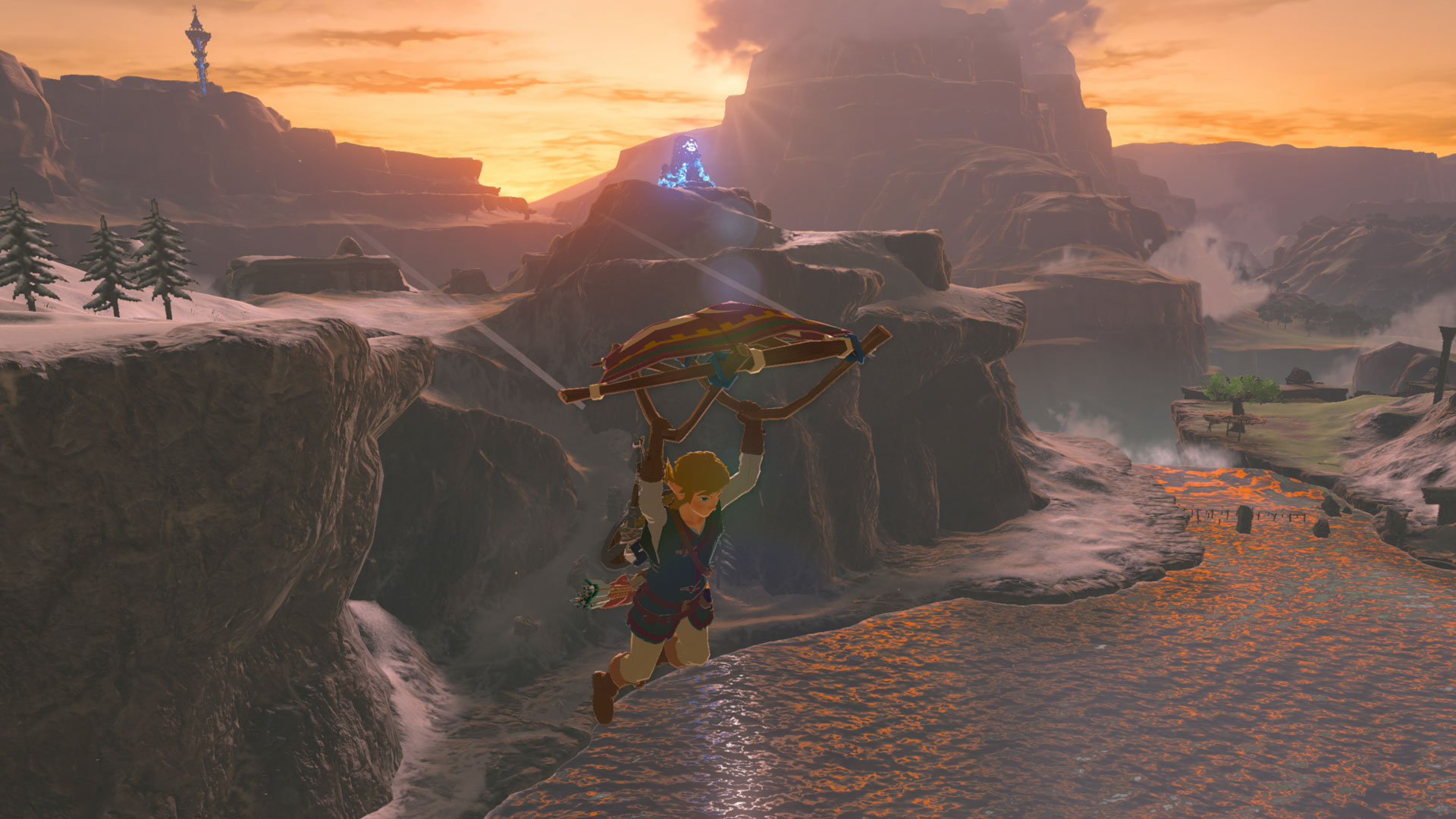 Link gliding across Hyrule in Zelda: Breath of the Wild Switch 2 Edition