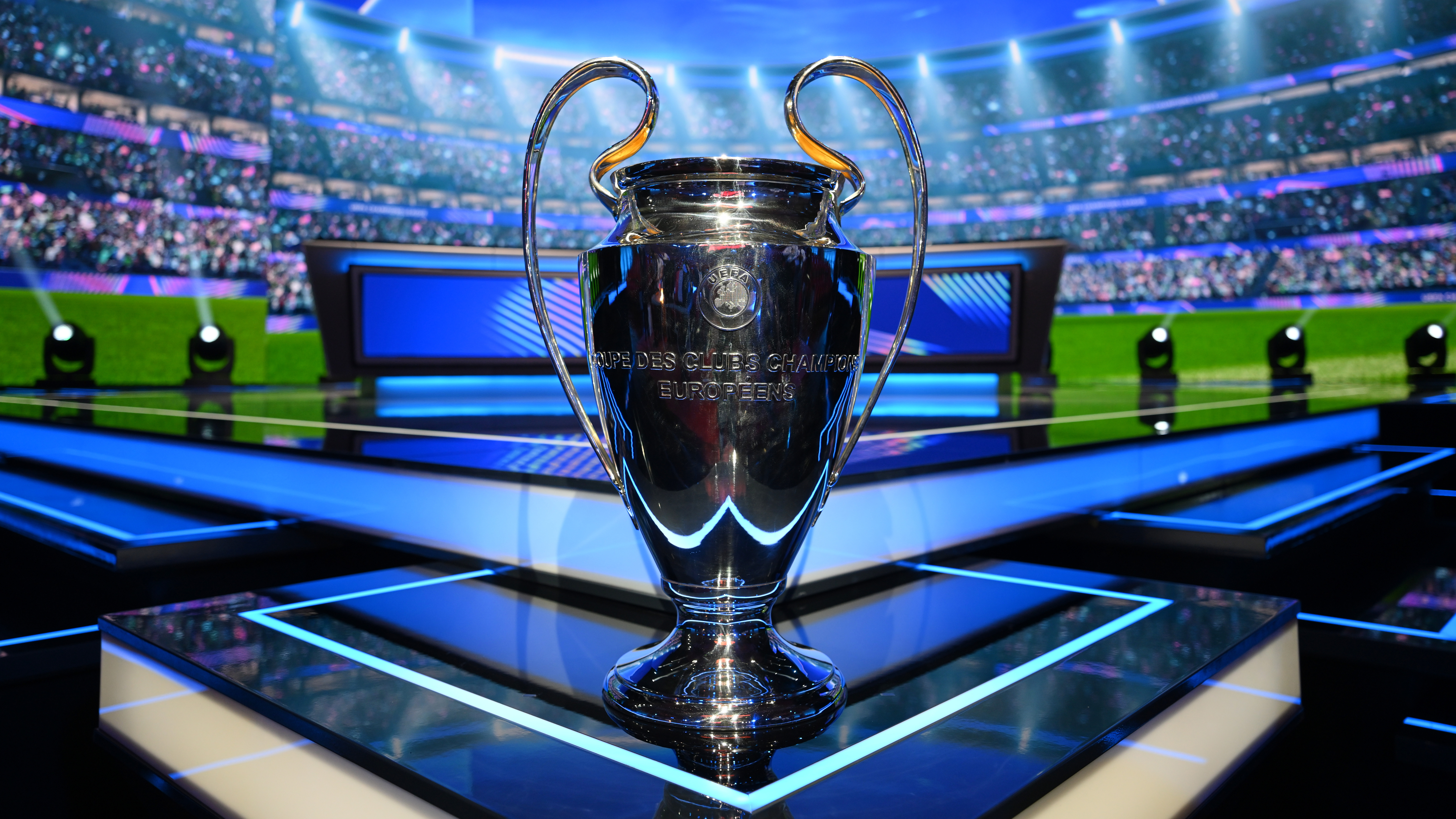 General view of the UEFA Champions League trophy ahead of the draw at Grimaldi Forum on August 27, 2026 in Monaco
