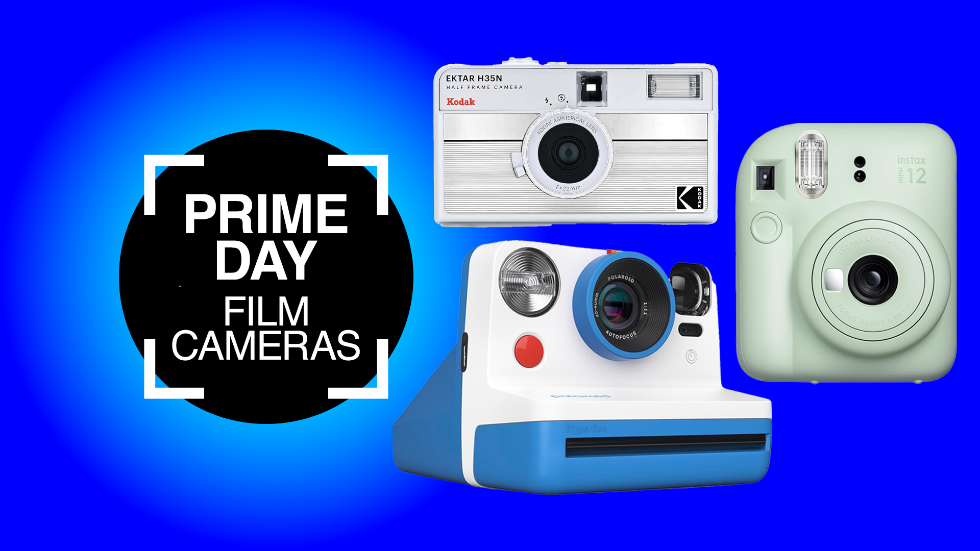 three film cameras on a blue background