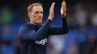 Chelsea head coach Thomas Tuchel applauds their fans after the final whistle of the Premier League match between Everton FC and Chelsea FC at Goodison Park on August 06, 2022 in Liverpool, England
