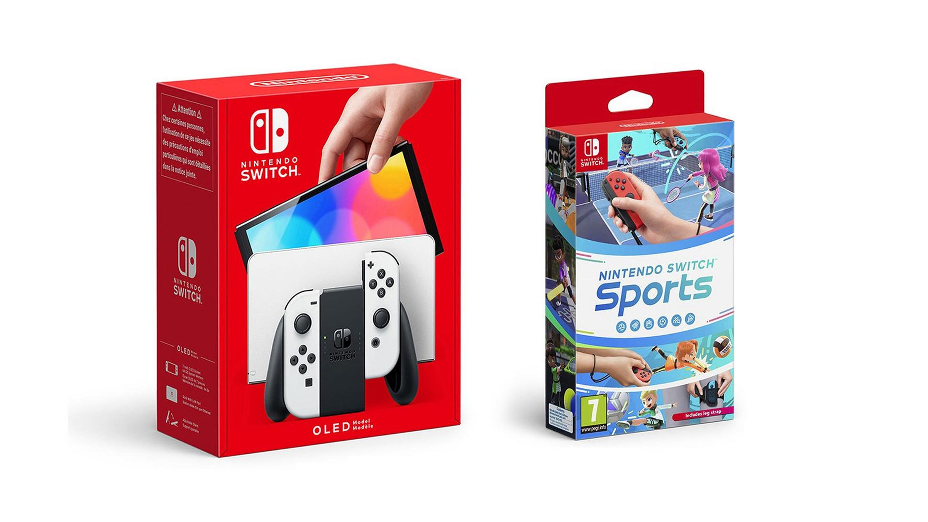 A product shot of the white Nintendo Switch OLED and Switch Sports