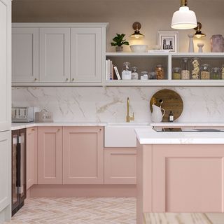 Kitchen with pink cabinet and tins