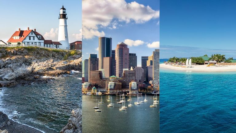 A collage of three of the best places to visit in June showing Boston, Portland and Fiji