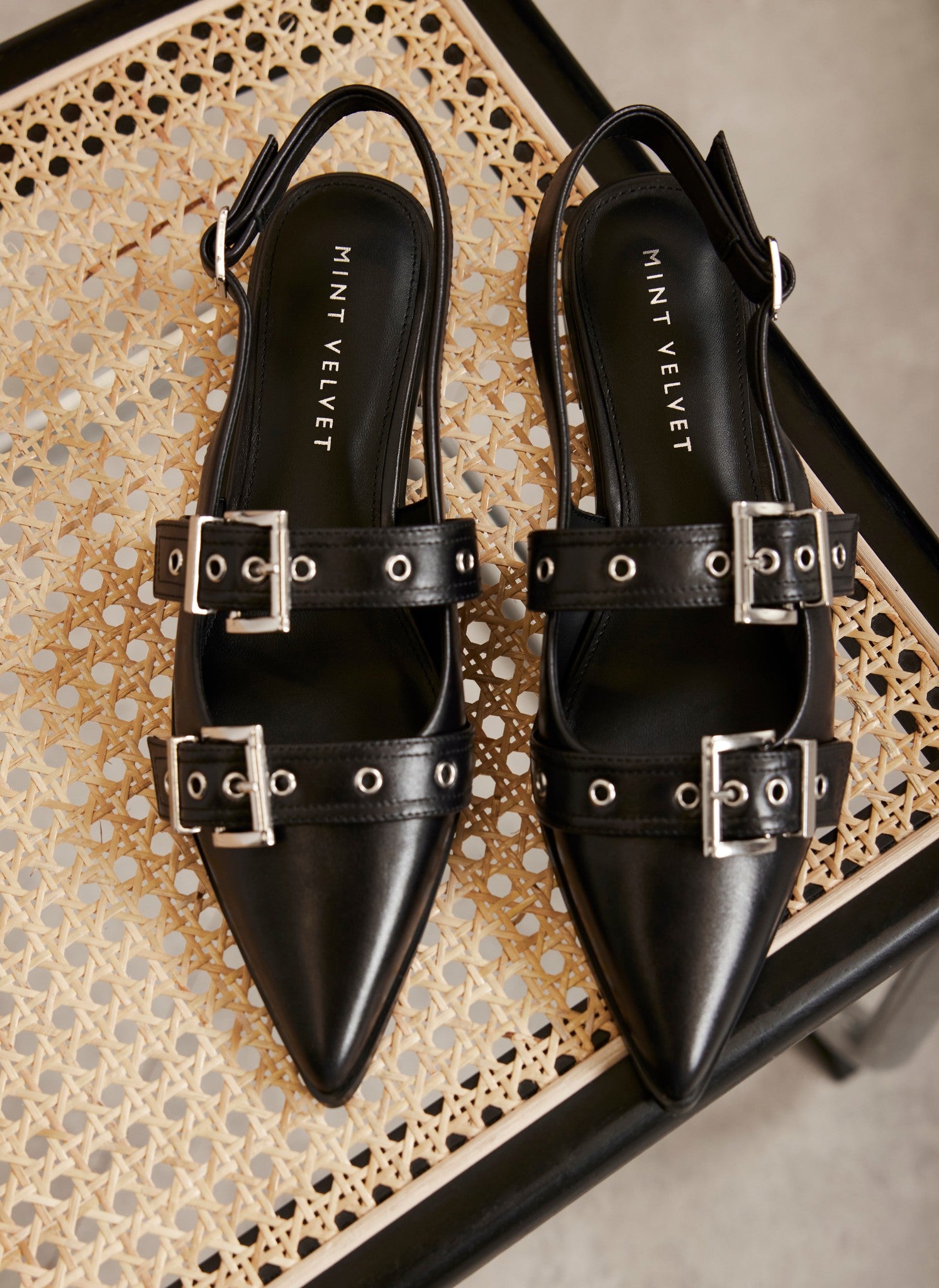 Ella Black Leather Buckled Flat Shoes