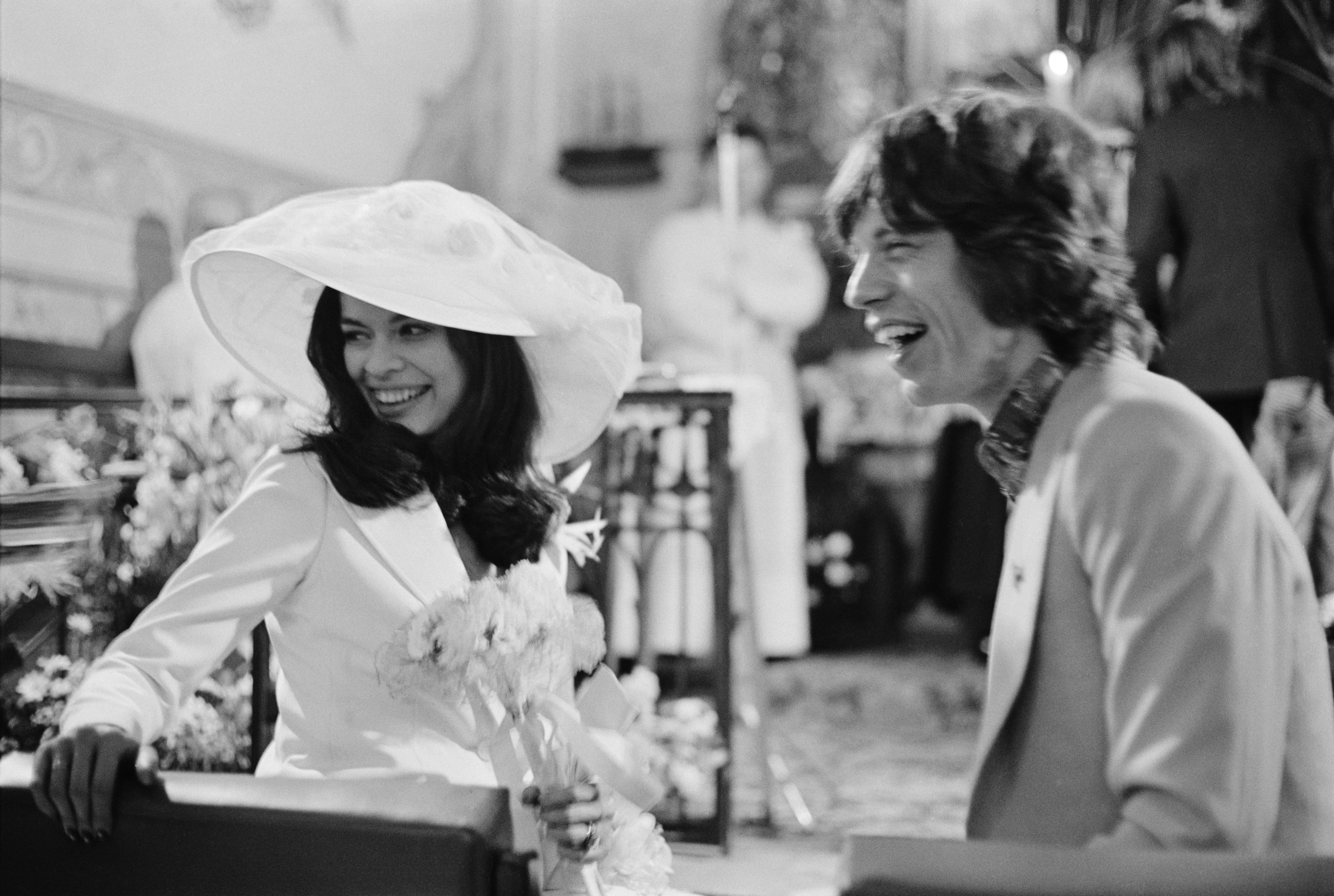 Biance Jagger wears a skirt set to her 1971 wedding to Mick Jagger.
