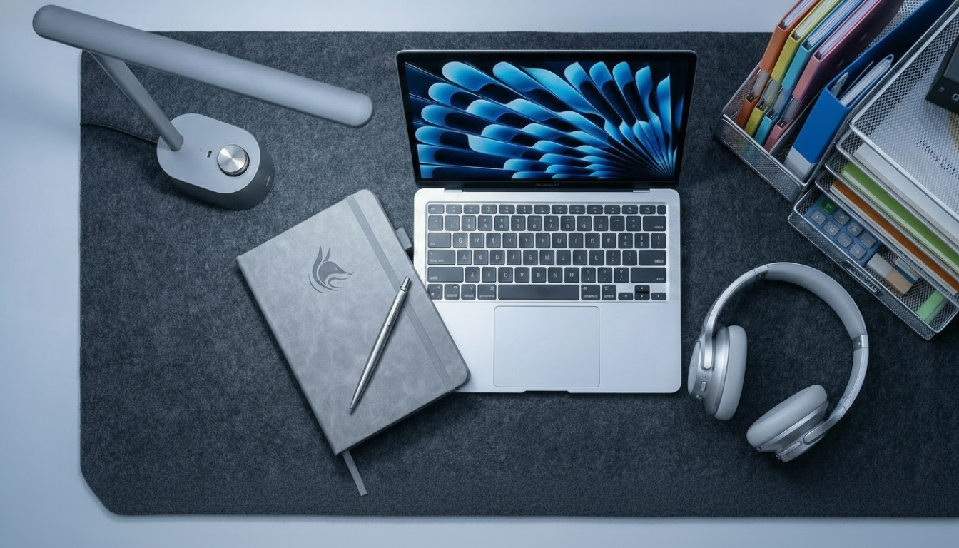 A selection of silver-themed home office accessories on a gray felt desk mat