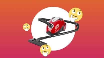 A red vacuum with thinking emojis around it, on a red and orange ombre background