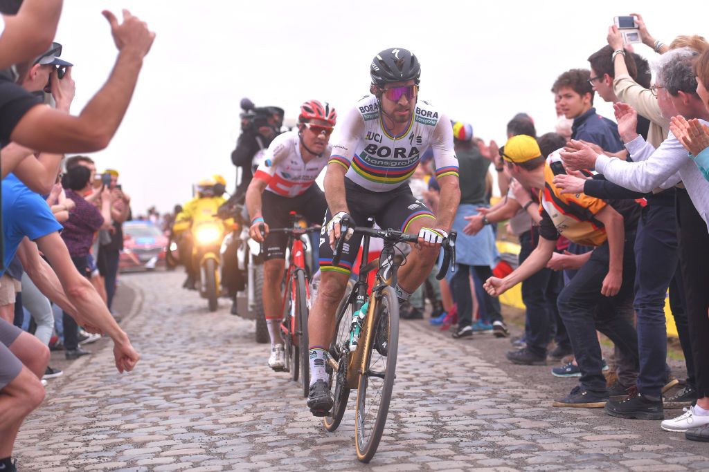 ROUBAIX, FRANCE - APRIL 08: Peter Sagan of Slovakia and Team Bora - Hansgrohe / Silvan Dillier of Switzerland and Team AG2R La Mondiale / Carrefour de l&#039;Arbre during the 116th Paris - Roubaix 2018 a 257km race from Compiegne to Roubaix on April 8, 2018 in Roubaix, France. (Photo by Tim de Waele/Getty Images)