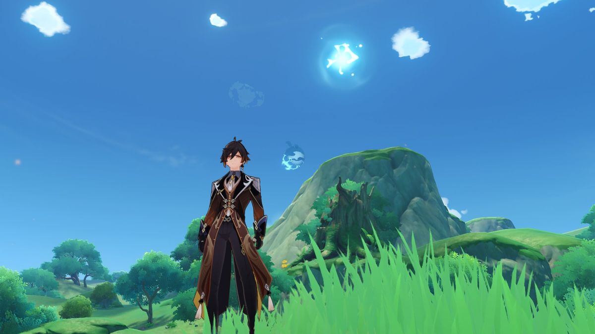 Zhongli standing next to a blue orb