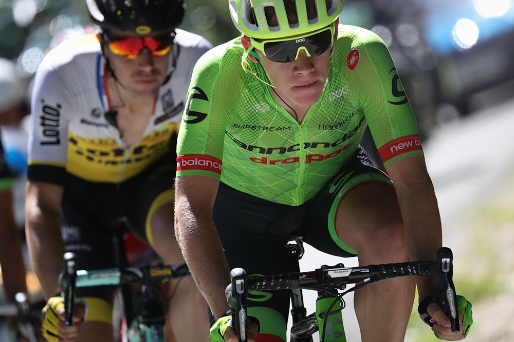 USA's Lawson Craddock (2ndL) and France's Nicolas Edet drink as they ride in a breakaway, stage 16 Tour de France