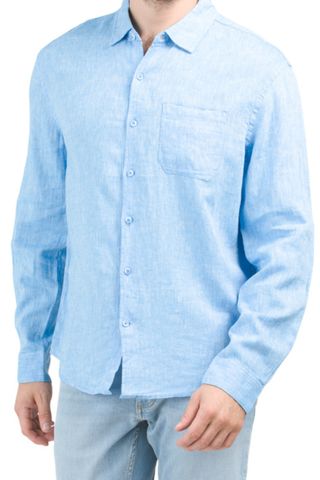 blue men's linen button down shirt