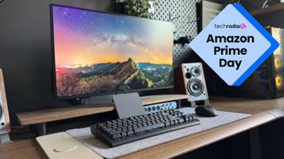 Our home office with a blue diamond TechRadar badge that reads 'Amazon Prime Day'